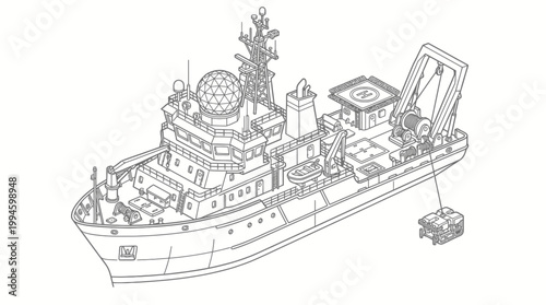 Detailed line drawing of a modern research vessel with scientific equipment and a helipad on deck, deploying an instrument into the water.