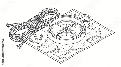Line art illustration of a compass, coiled rope, and anchor resting on a detailed map, symbolizing navigation and adventure.