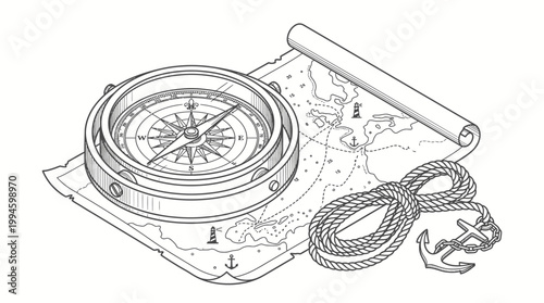 An isometric line art illustration depicting a vintage brass compass, a rolled-up treasure map, a coiled nautical rope, and a small anchor, symbolizing adventure and exploration.