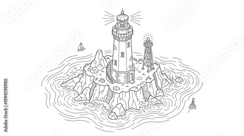 Detailed line art drawing of a lighthouse on a rocky island with a smaller beacon and swirling water.