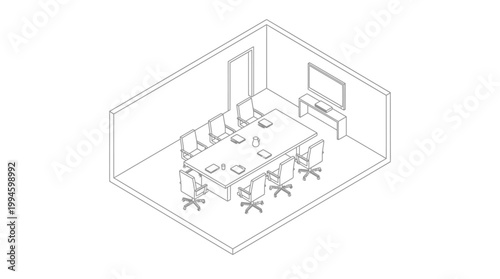 Isometric line drawing of a modern conference room interior with a large rectangular table, multiple office chairs, a wall-mounted television, and a closed door.