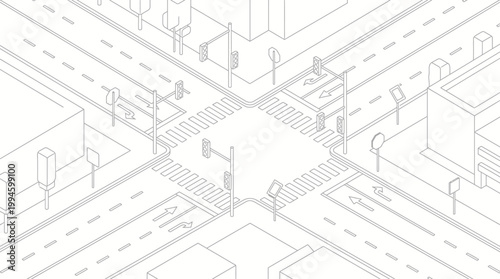 Isometric line art drawing of a city street intersection with roads, crosswalks, traffic lights, and surrounding buildings, rendered in a minimalist style.