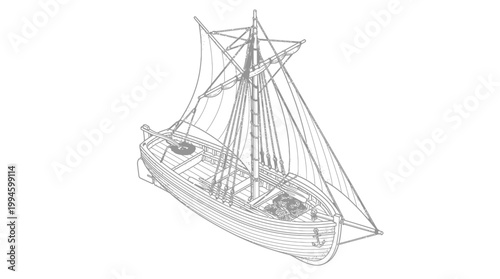 Detailed line drawing of a traditional sailboat with mast and rigging.