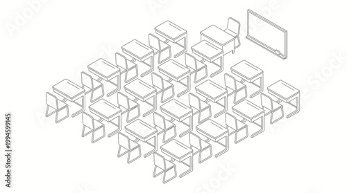 Isometric line drawing of an empty classroom with multiple desks, chairs, and a whiteboard, arranged in a grid pattern for learning.