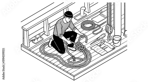 Isometric illustration of a sailor or fisherman kneeling on a boat deck, meticulously coiling a long rope, surrounded by various nautical tools and equipment.