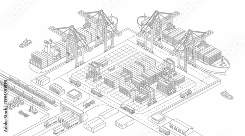 Isometric line drawing of a bustling intermodal cargo port with container ships, gantry cranes, trucks, and trains for global logistics and transport.