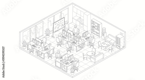 Isometric illustration of a modern office space with multiple workstations, meeting areas, and a pantry, showcasing a collaborative work environment.