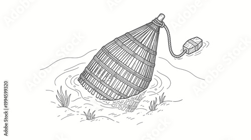 Black and white line drawing of a traditional conical fishing trap partially submerged in water with a float and rope.