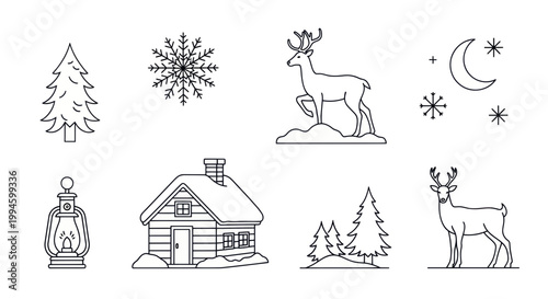 Winter Scene Line Art Icons: Christmas Tree, Snowflake, Deer, Cabin, Moon