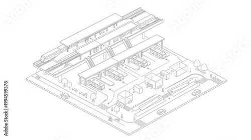 Isometric line drawing illustrating a multi-modal transport hub with elevated train tracks, a bus terminal, and surrounding urban infrastructure.