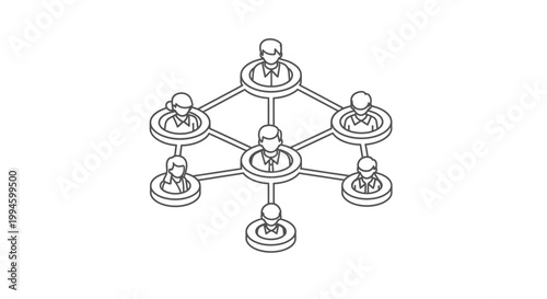Isometric line art illustration of a social network with interconnected people representing communication and teamwork.