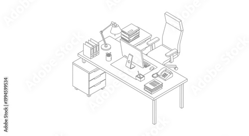 Isometric line drawing of a modern office desk setup with computer, chair, lamp, and various office supplies, illustrating a typical workspace.