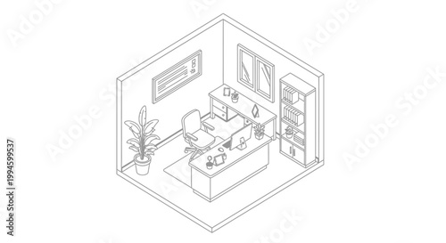 Isometric line art drawing of a modern office room with desk, chair, computer, plant, and shelves.