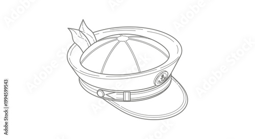 Line art illustration of a classic peaked cap with decorative elements, often associated with military or naval uniforms.