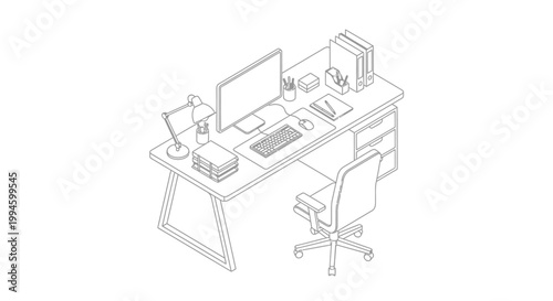 Isometric line art drawing of a modern office desk with computer, lamp, and chair, depicting a clean workspace setup.