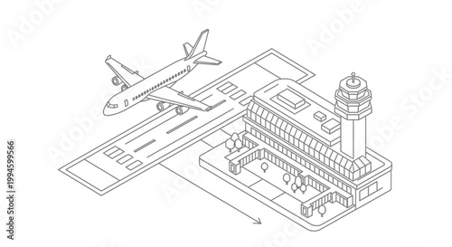Isometric line art illustration of an airport with a plane on the runway and a terminal building with a control tower.