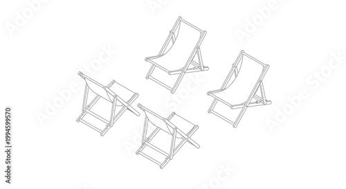 Line art illustration of four classic wooden and fabric deck chairs arranged on a clean white background, perfect for summer relaxation.