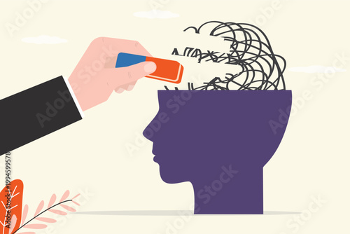 Human hand removed messy chaos in head with eraser. Psychiatric treatment or psychological support, help relieve anxiety or depression. Mental health,