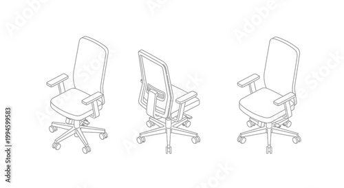 Isometric line art illustration of an ergonomic office chair from three different angles on a white background.
