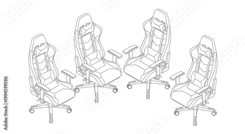Four ergonomic gaming chairs in an outline drawing style, showcasing their design and features for comfortable seating.