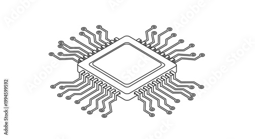 Isometric line art illustration of a microchip with multiple pins, representing electronic components and technology.