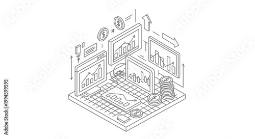 Isometric line art illustration of financial data analysis and trading platform with multiple screens displaying charts, graphs, and currency symbols.