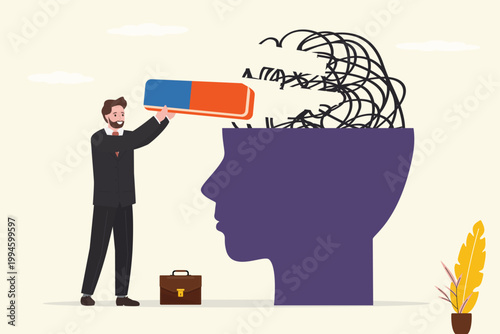 Psychologist removed messy chaos in head with eraser. Psychiatric treatment or psychological support, help relieve anxiety or depression. Mental health, positive thinking.