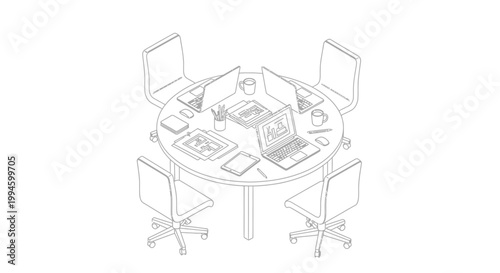 Isometric line drawing of a round meeting table with laptops, tablets, and office supplies, surrounded by four chairs, depicting a collaborative workspace.