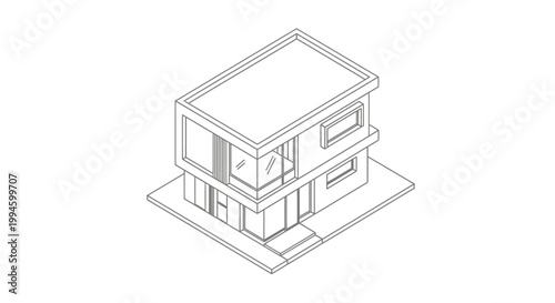 Isometric line drawing of a modern two-story building with a flat roof and large windows, showcasing contemporary architectural design.