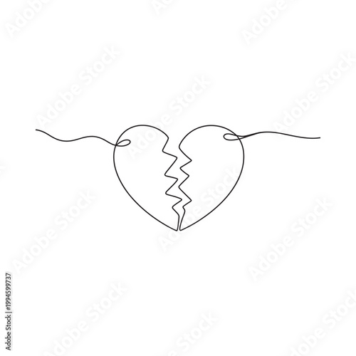 A single line drawing depicts a broken heart symbolizing loss and heartbreak