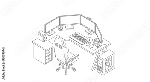 Isometric line art illustration of a modern gaming setup with a corner desk, multiple monitors, and a gaming chair.