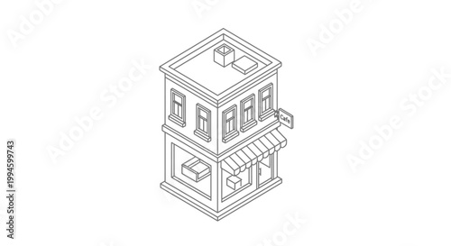 Isometric line art drawing of a two-story building with a ground floor shop, awning, and windows, depicting urban architecture.