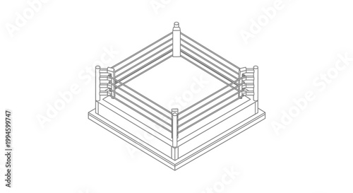 Isometric line drawing of an empty boxing ring with ropes and corner posts on a raised platform, rendered in a minimalist style.