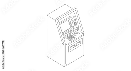Isometric line drawing of an Automated Teller Machine (ATM) with screen, keypad, and card slot, representing modern banking technology.