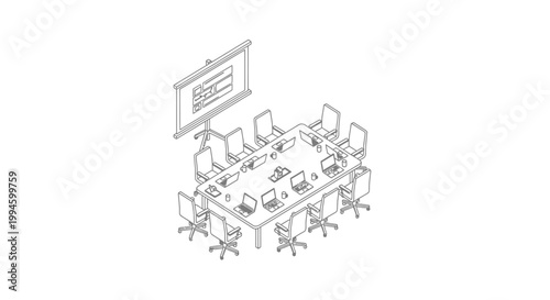 Isometric line drawing of a modern conference room with a large table, chairs, laptops, and a projector screen for business meetings.