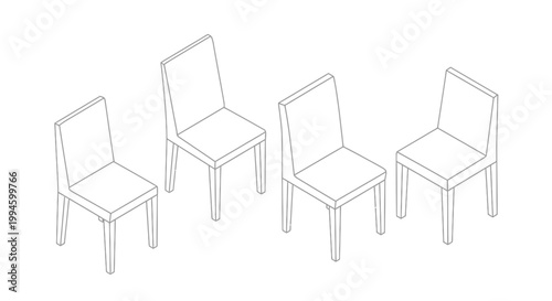 Four minimalist line art drawings of simple wooden chairs in a row, presented in an isometric view.