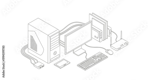 Isometric illustration of a desktop computer setup with multiple monitors, a keyboard, mouse, tablet, and router, showcasing a comprehensive digital workspace.