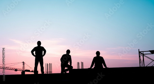 Silhouettes of workers on a rooftop against the dawn sky, a soft pink-blue gradient, minimalist composition, contemplative and cinematic atmosphere.