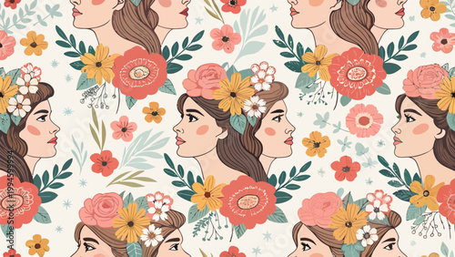 Seamless pattern with beautiful women faces and floral elements in vintage style