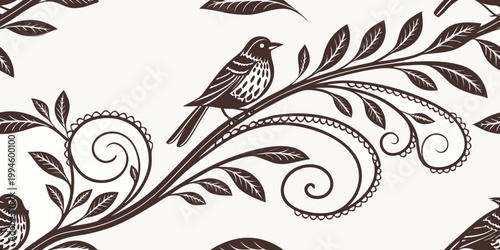 Ornate bird on branch floral seamless pattern vector