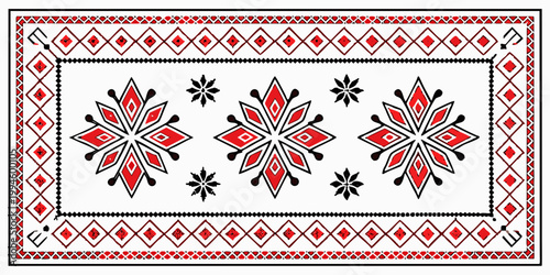 Traditional geometric folk art pattern with red and black ornaments, vector