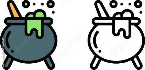 Witch's cauldron with magic potion and spoon vector set