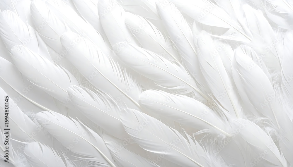 Obraz premium A layered arrangement of multiple pristine white feathers shown in closeup with soft diffused lighting and smooth textures