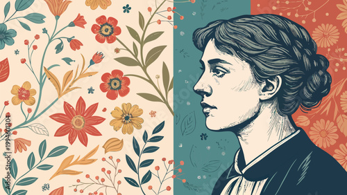 Vintage illustration of a womans profile portrait with elegant floral and botanical patterns