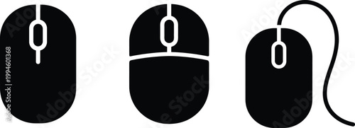Black computer mouse silhouettes top perspective and side views