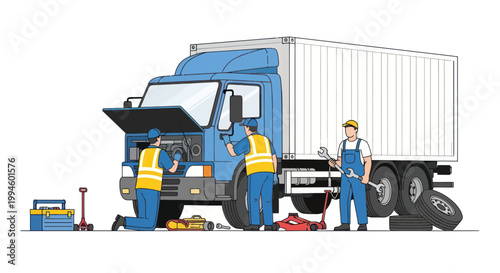 Truck Repair Service: Mechanics Fixing Semi-Trailer Truck Engine with Tools
