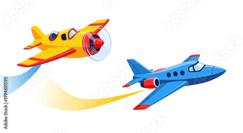 Two cartoon airplanes flying in the sky, one yellow, one blue, with contrails
