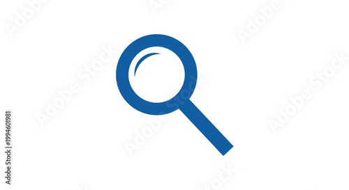 Minimalist blue magnifying glass icon for search, exploration and discovery on white background