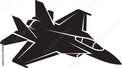 Black silhouette fighter jet, military aircraft icon, jet fighter vector, aviation symbol