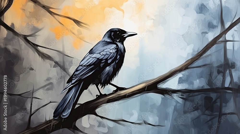 Naklejka premium Solitary Crow Perched on a Weathered Branch Under Dramatic Blue and Orange Sky